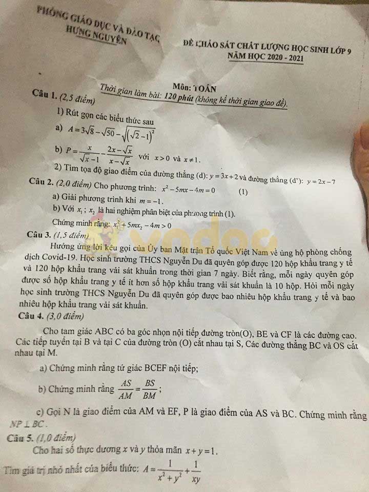 Đề thi thử vào lớp 10 môn Toán Phòng GD&ĐT Hưng Nguyên năm 2020