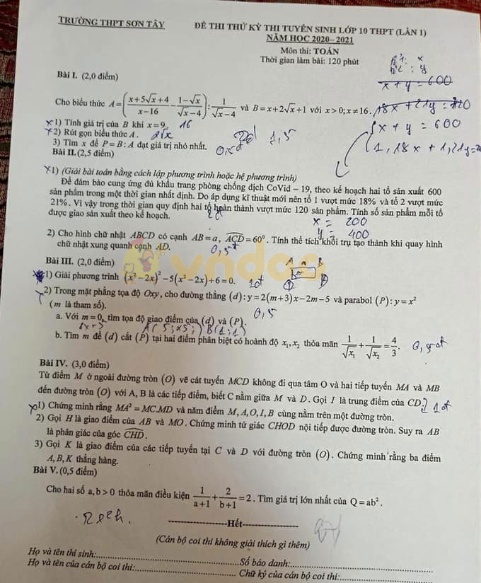 Đề thi thử vào lớp 10 môn Toán Trường THPT Sơn Tây năm 2020 (Lần 1)