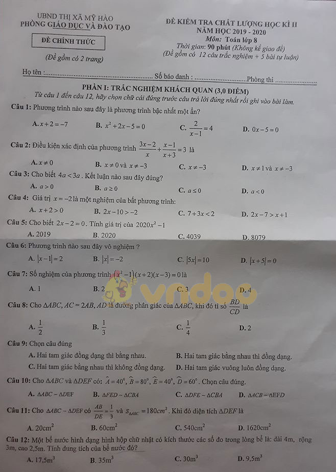 Đề thi Toán lớp 8 học kì 2 năm 2020 Phòng GD&ĐT Thị xã Mỹ Hào