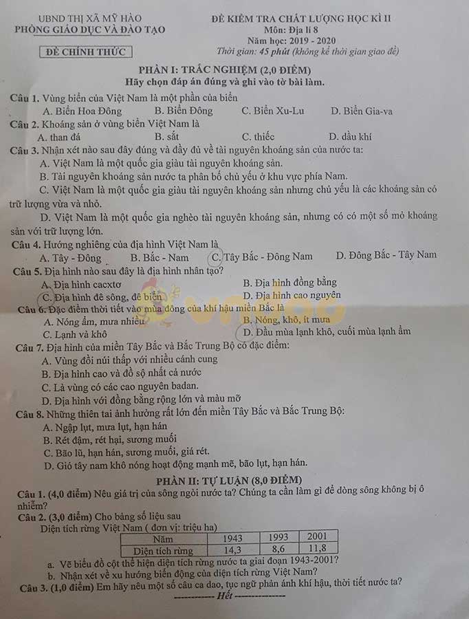 Đề thi Văn lớp 8 học kì 2 năm 2020 Phòng GD&ĐT Thị xã Mỹ Hào