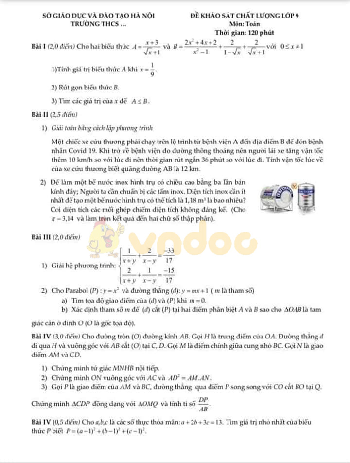 Đề thi khảo sát chất lượng lớp 9 môn Toán Sở GD&ĐT Hà Nội năm học 2019 - 2020