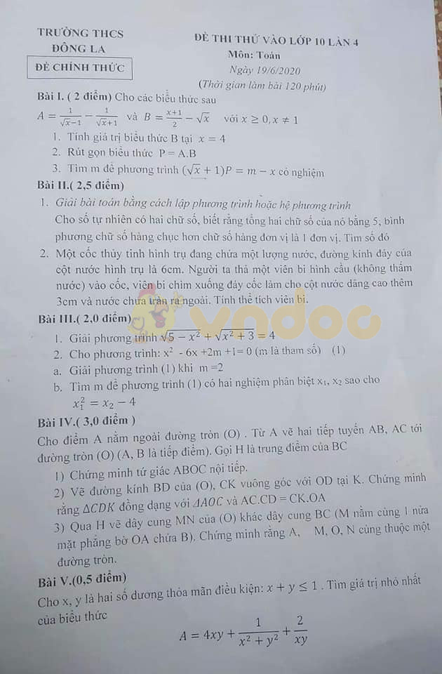 Đề thi thử vào lớp 10 môn Toán Trường THCS Đông La năm 2020 (Lần 4)