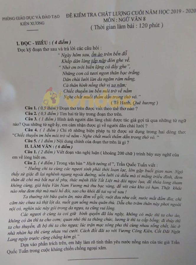 Đề thi Văn lớp 8 học kì 2 năm 2020 Phòng GD&ĐT Kiến Xương