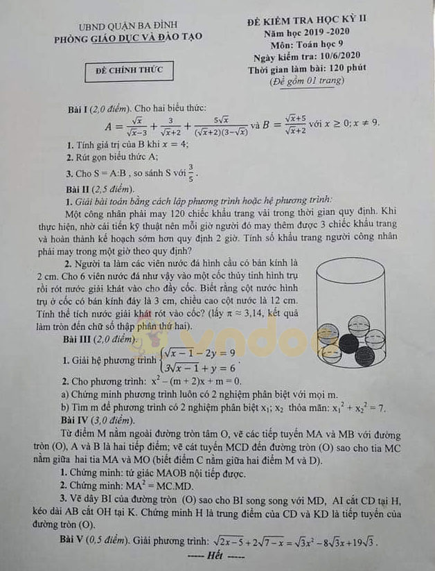 Đề thi học kì 2 lớp 9 môn Toán Phòng GD&ĐT Ba Đình năm học 2019 - 2020