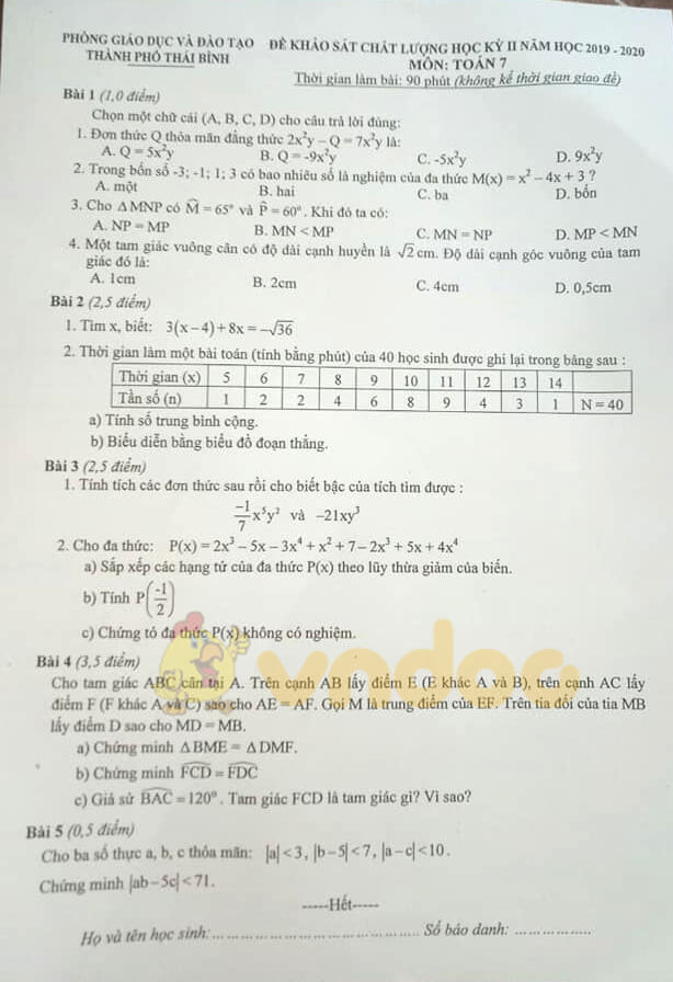 Đề thi học kì 2 môn Toán lớp 7 năm 2020