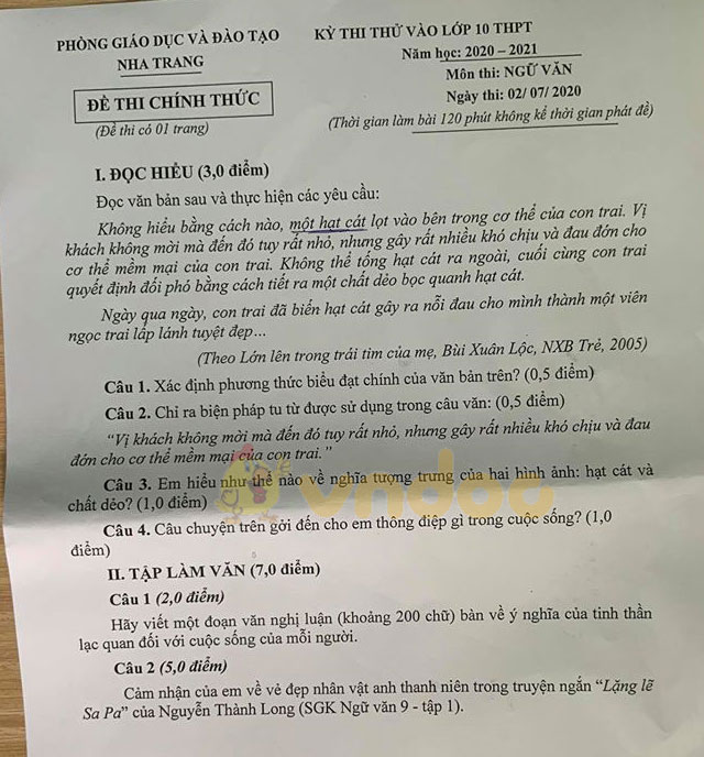 Đề thi thử vào lớp 10 môn Ngữ văn Phòng GD&ĐT Nha Trang năm 2020