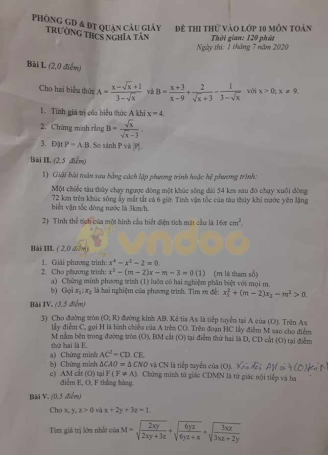 Đề thi thử vào lớp 10 môn Toán Trường THCS Nghĩa Tân, Cầu Giấy năm 2020