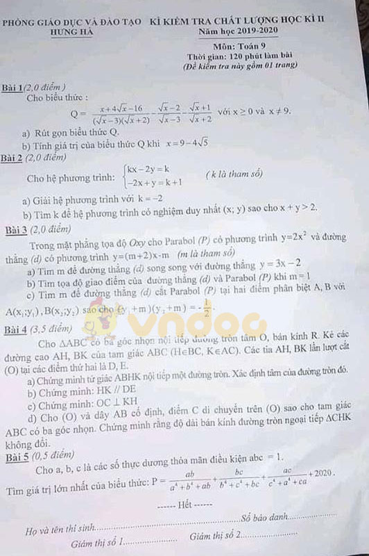 Đề thi học kì 2 lớp 9 môn Toán Phòng GD&ĐT Hưng Hà năm học 2019 - 2020