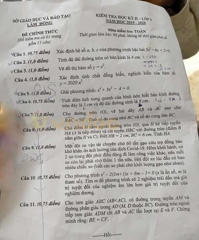 Đề thi học kì 2 lớp 9 môn Toán Sở GD&ĐT Lâm Đồng năm học 2019 - 2020