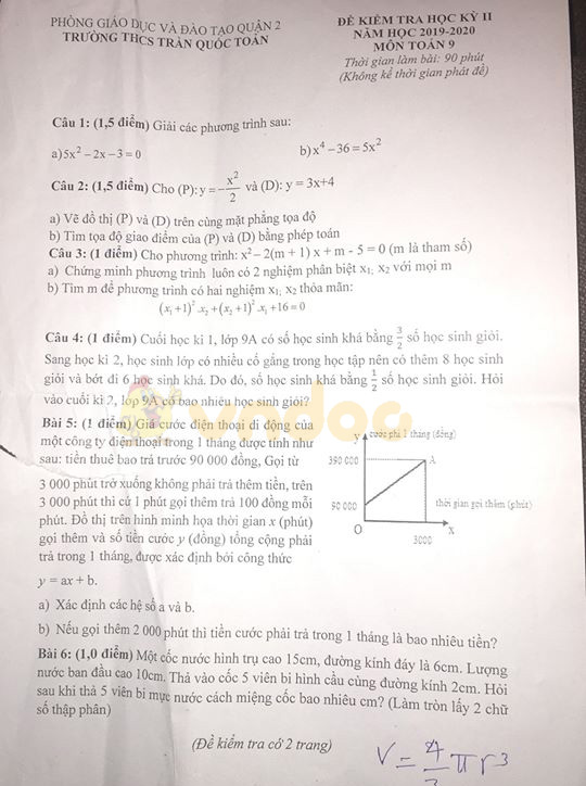 Đề thi học kì 2 lớp 9 môn Toán Trường THCS Trần Quốc Toản, Quận 2 năm học 2019 - 2020