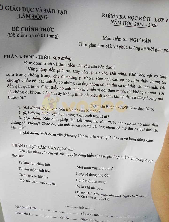 Đề thi học kì 2 lớp 9 môn Văn Sở GD&ĐT Lâm Đồng năm 2020