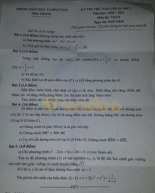 Đề thi thử vào lớp 10 môn Toán Phòng GD&ĐT Nha Trang năm 2020