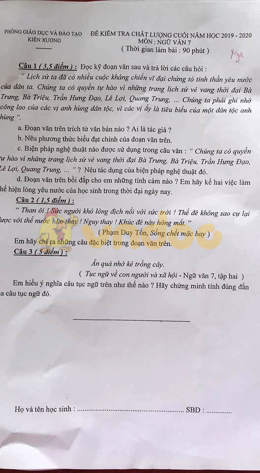 Đề thi Văn lớp 7 học kì 2 năm 2020