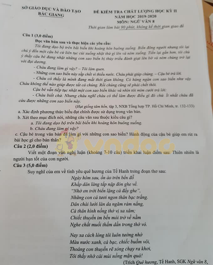 Đề thi học kì 2 lớp 9 môn Văn Sở GD&ĐT Bắc Giang năm 2020