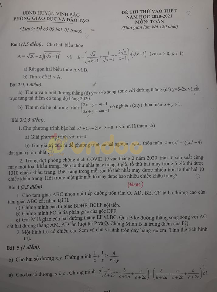 Đề thi thử vào lớp 10 môn Toán Phòng GD&ĐT Vĩnh Bảo năm 2020
