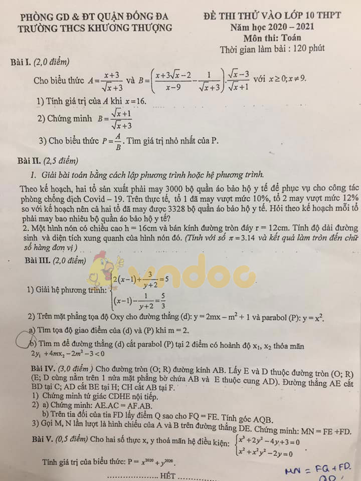 Đề thi thử vào lớp 10 môn Toán Trường THCS Khương Thượng, Đống Đa năm 2020