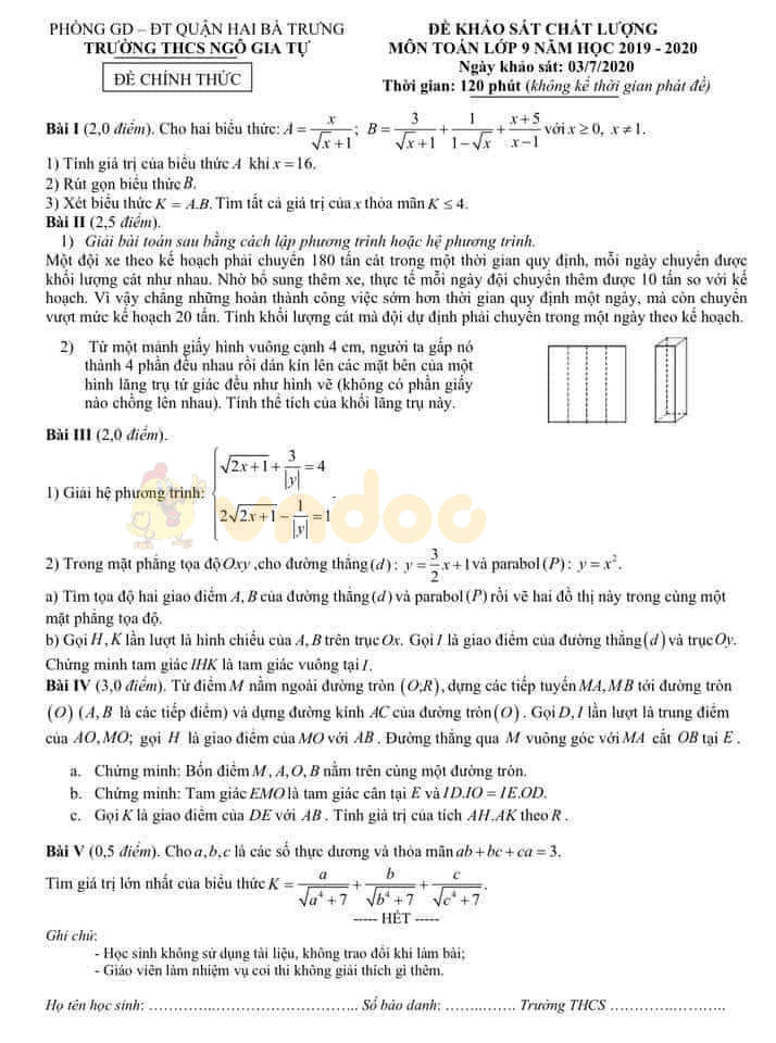 Đề thi thử vào lớp 10 môn Toán Trường THCS Ngô Gia Tự, Hai Bà Trưng năm 2020