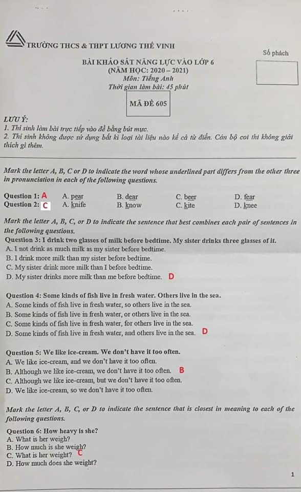Đáp án đề thi vào lớp 6 môn tiếng Anh trường Lương Thế Vinh năm 2020