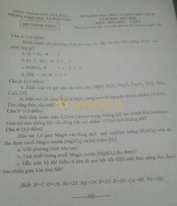 Đề thi Hóa lớp 8 học kì 2 năm 2020 Phòng GD&ĐT Ngã Bảy, Hậu Giang