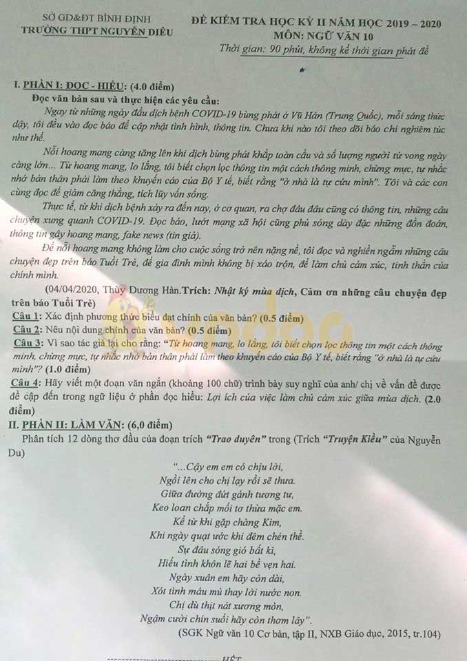 Đề thi học kì 2 lớp 10 môn Ngữ văn Trường THPT Nguyễn Diêu, Bình Định năm 2019 - 2020
