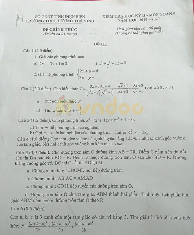 Đề thi học kì 2 lớp 9 môn Toán Trường THPT Lương Thế Vinh, Điện Biên năm học 2019 - 2020