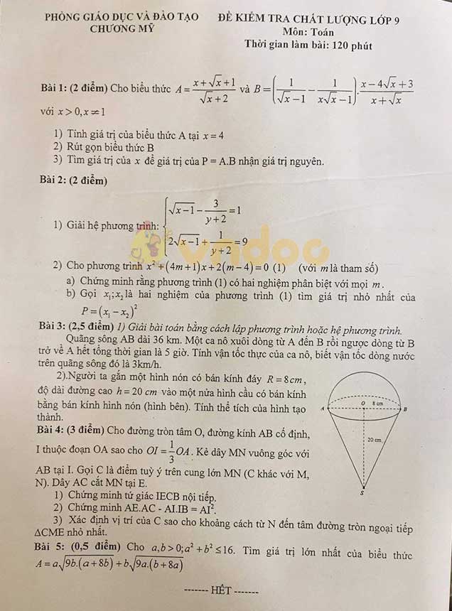 Đề thi khảo sát chất lượng lớp 9 môn Toán phòng GD&ĐT Chương Mỹ năm học 2019 - 2020