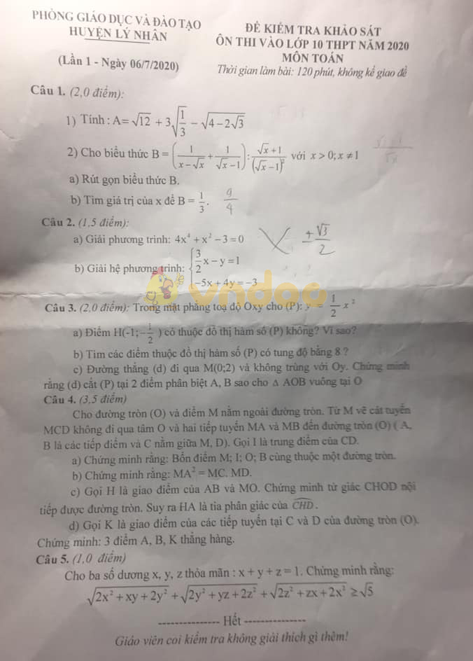 Đề thi khảo sát chất lượng lớp 9 môn Toán phòng GD&ĐT huyện Lý Nhân năm học 2019 - 2020 (lần 1)