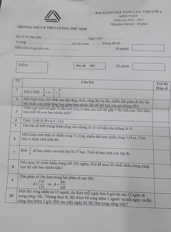 Đề thi vào lớp 6 môn Toán