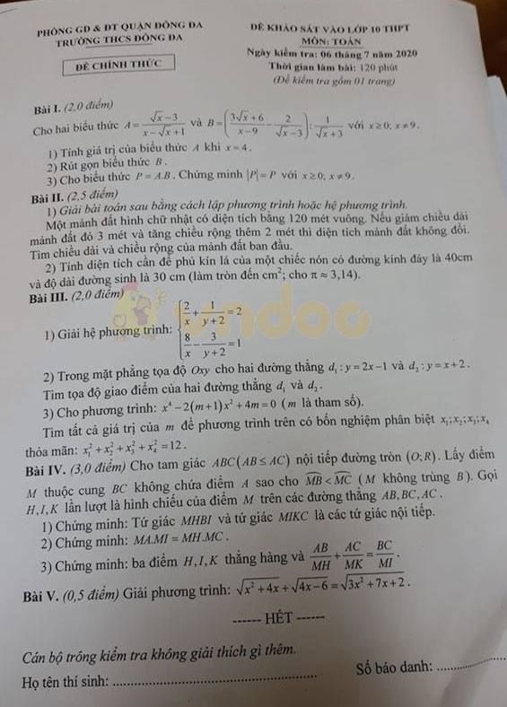 Đề thi thử vào lớp 10 môn Toán Trường THCS Đống Đa năm 2020