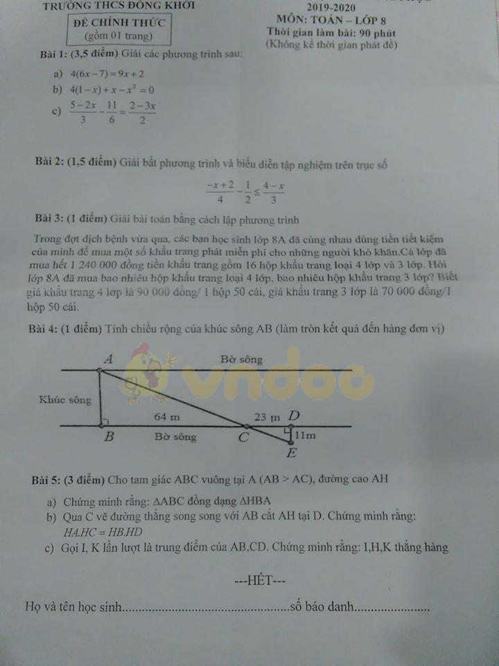 Đề thi Toán lớp 8 học kì 2 năm 2020 Trường THCS Đồng Khởi