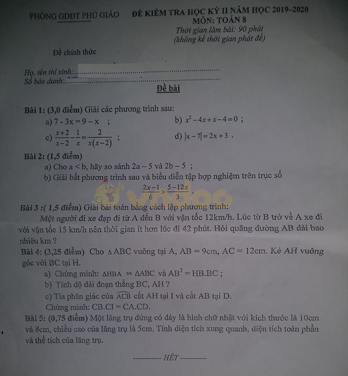 Đề thi học kì 2 lớp 8 môn Toán Phòng GD&ĐT Phú Giáo năm học 2019 - 2020