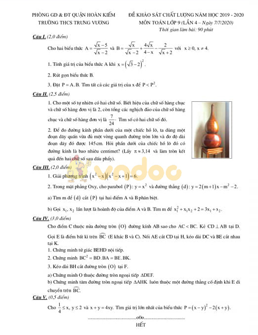 Đề thi khảo sát chất lượng lớp 9 môn Toán trường THCS Trưng Vương, Hoàn Kiếm năm học 2019 - 2020 - Lần 4