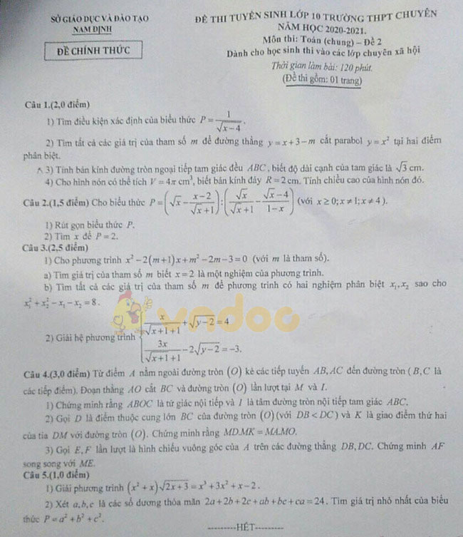 Đề thi tuyển sinh lớp 10 môn Toán chung năm 2020 Chuyên Lê Hồng Phong