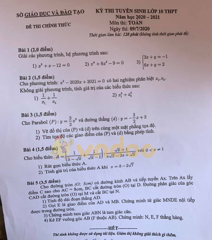 Đáp án đề thi tuyển sinh lớp 10 môn toán năm 2020 Sở GD&ĐT Bình Dương