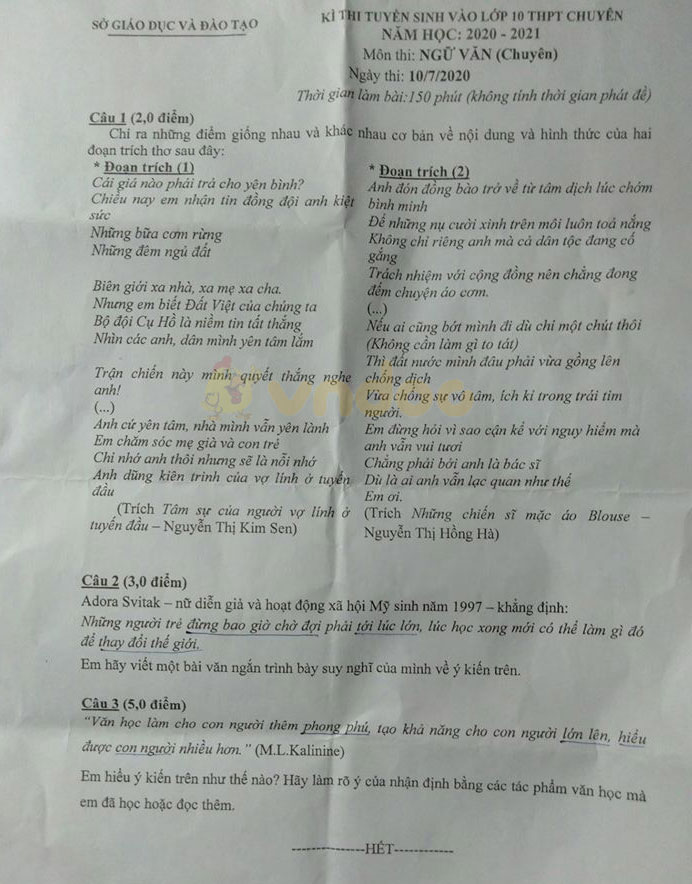 Đề thi tuyển sinh lớp 10 chuyên Văn năm 2020 Sở GD&ĐT Bình Dương