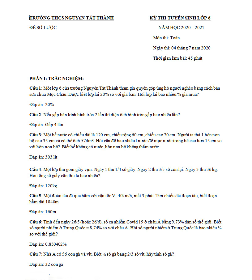 Đề thi vào lớp 6 môn Toán