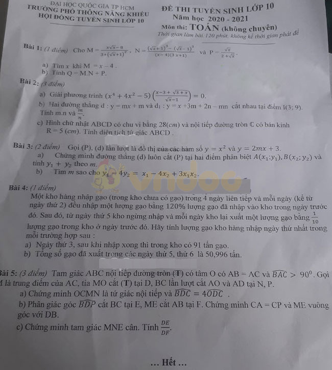 Đề thi tuyển sinh vào lớp 10 môn Toán năm 2020 Trường Phổ Thông Năng Khiếu, Thành Phố Hồ Chí Minh