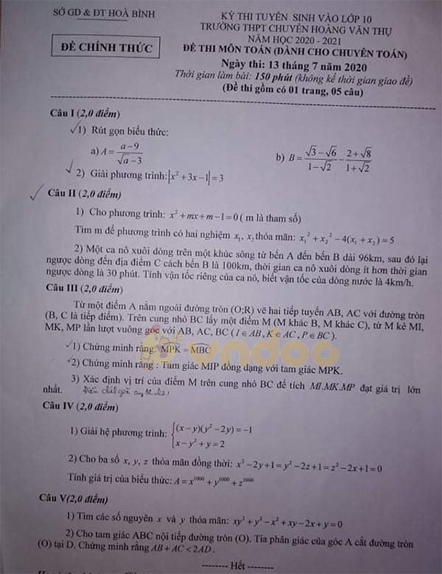 Đáp án đề thi tuyển sinh lớp 10 môn Toán chuyên năm 2020 THPT Hoàng Văn Thụ