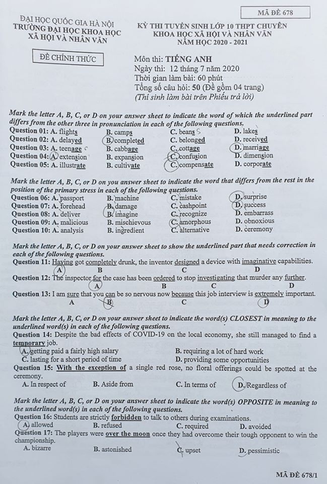 Đáp án đề thi tuyển sinh vào lớp 10 môn Anh Chuyên KHXH&NV 2020