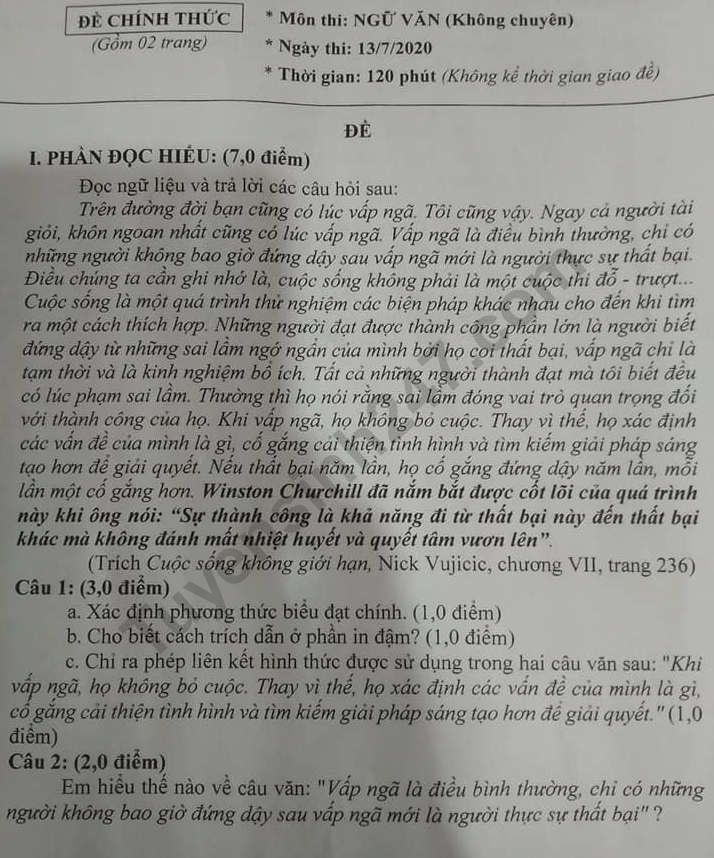 Đề thi tuyển sinh lớp 10 môn Văn tỉnh Bạc Liêu năm 2020