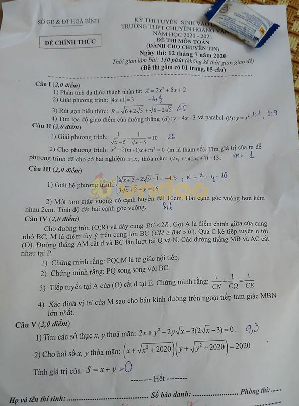 Đề thi tuyển sinh lớp 10 môn Toán chuyên tin năm 2020 THPT Hoàng Văn Thụ