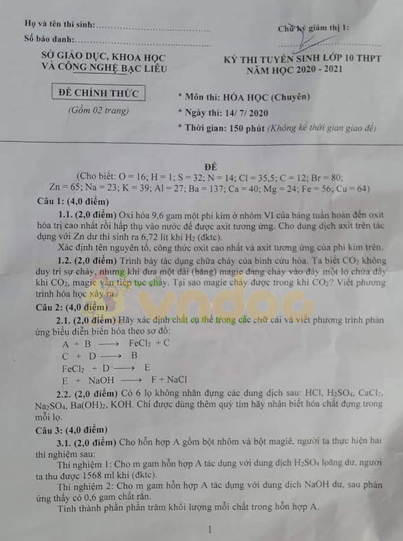 Đề thi tuyển sinh lớp 10 chuyên Hóa năm 2020 tỉnh Bạc Liêu