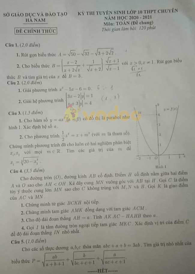 Đề thi tuyển sinh lớp 10 môn Toán chuyên năm 2020 Sở GD&ĐT Hà Nam