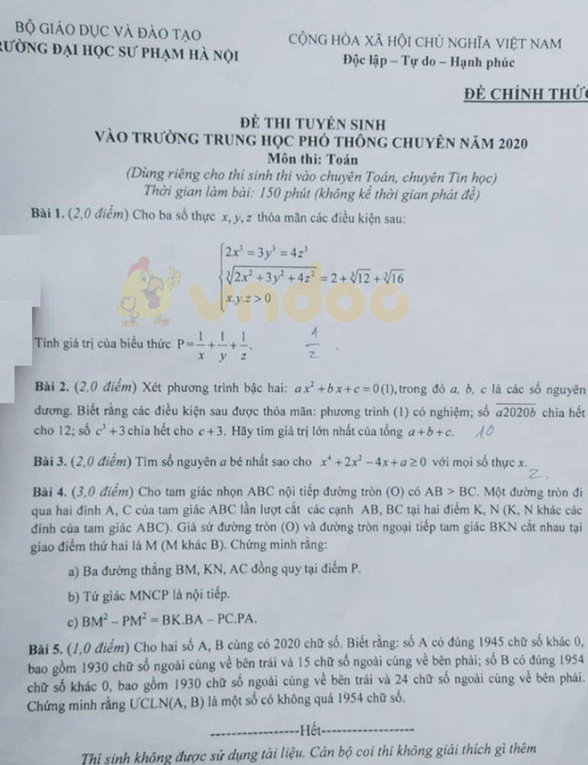 Đề thi tuyển sinh lớp 10 môn Toán chuyên năm 2020 THPT Chuyên Sư Phạm Hà Nội (vòng 2)