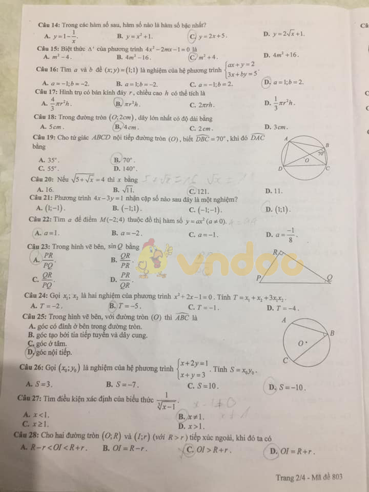 Đáp án đề thi tuyển sinh lớp 10 môn Toán tỉnh Hưng Yên năm 2020
