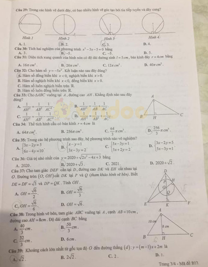 Đáp án đề thi tuyển sinh lớp 10 môn Toán tỉnh Hưng Yên năm 2020