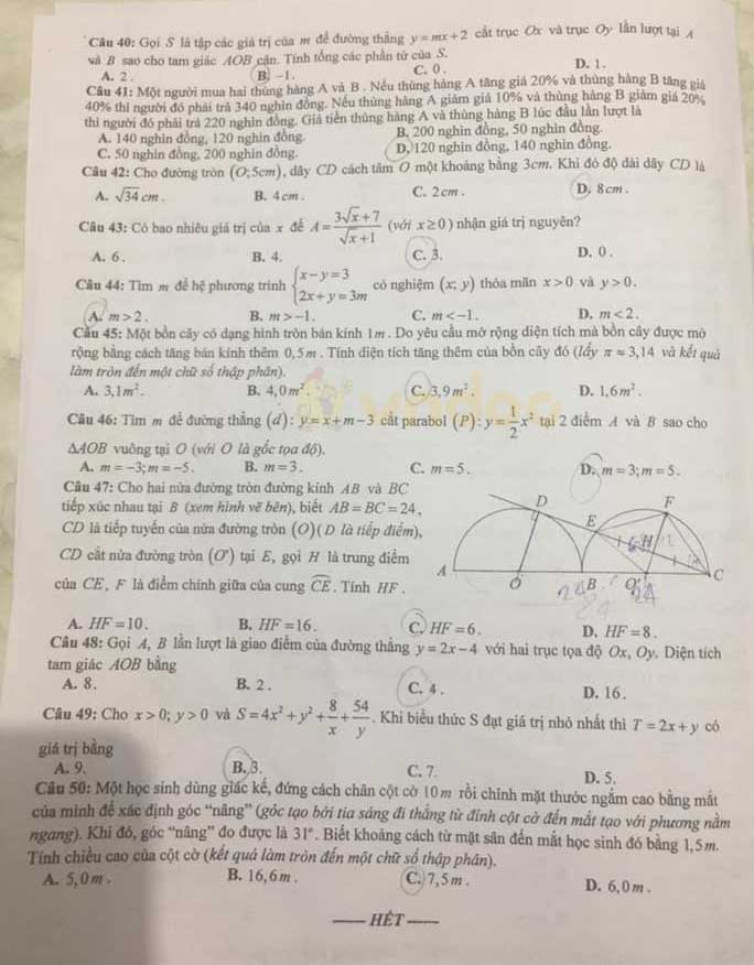 Đáp án đề thi tuyển sinh lớp 10 môn Toán tỉnh Hưng Yên năm 2020