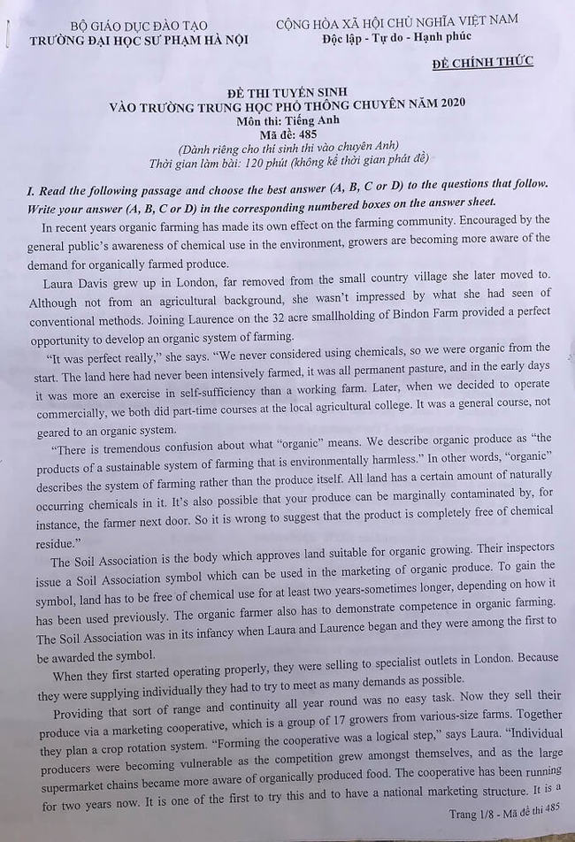 Đáp án Đề thi tuyển sinh lớp 10 chuyên Anh Sư Phạm Hà Nội năm 2020
