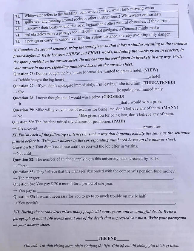 Đáp án Đề thi tuyển sinh lớp 10 chuyên Anh Sư Phạm Hà Nội năm 2020
