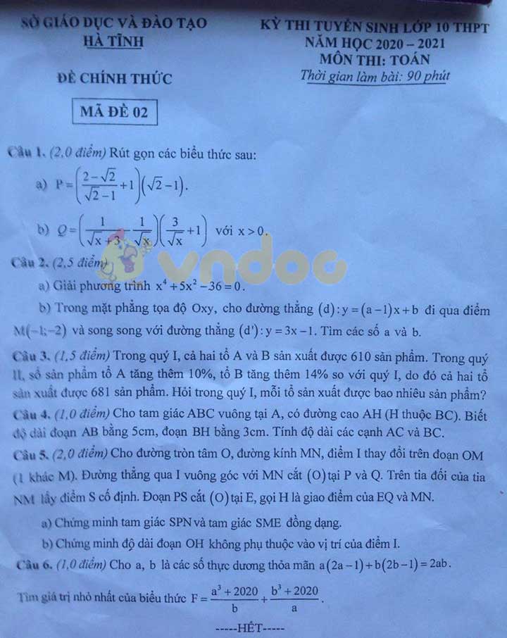 Đáp án đề thi tuyển sinh lớp 10 môn Toán tỉnh Hà Tĩnh năm 2020
